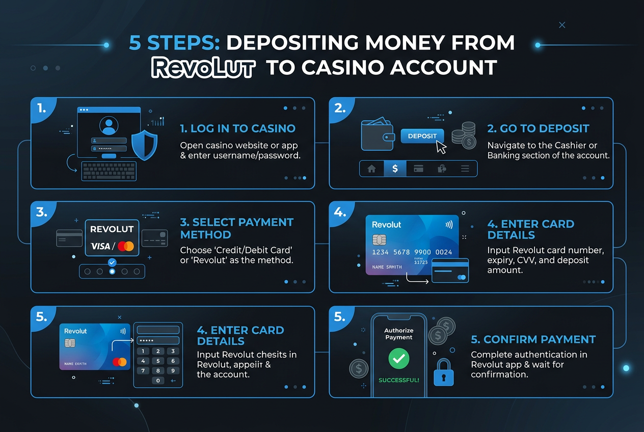 Step-by-step infographic showing the transfer of funds from Revolut digital wallet to online casino balance