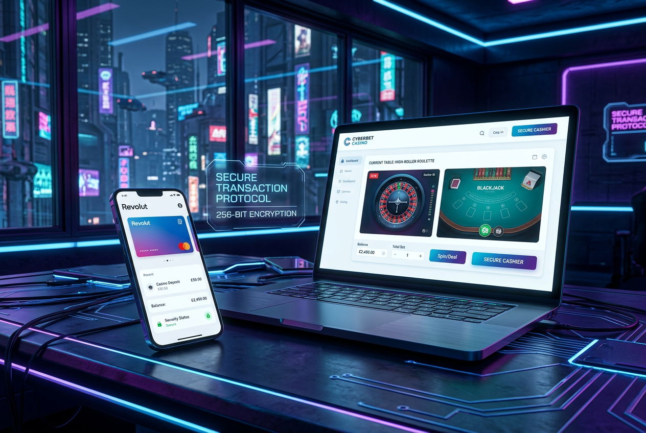 Modern smartphone displaying Revolut app with a successful casino transaction confirmation next to high-end gaming interface